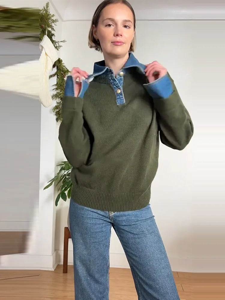 Long Sleeve Denim Collar Half Button Knit Top For Women