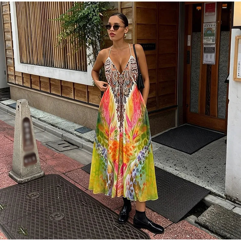 Beach Print Halter Neck Backless Long Dress for Women