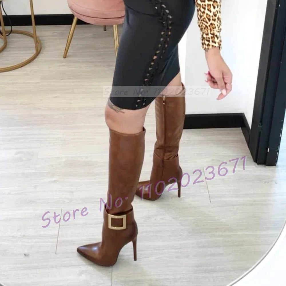 Pointed Toe Golden Buckle Side Zipper Knee High Boots For Women