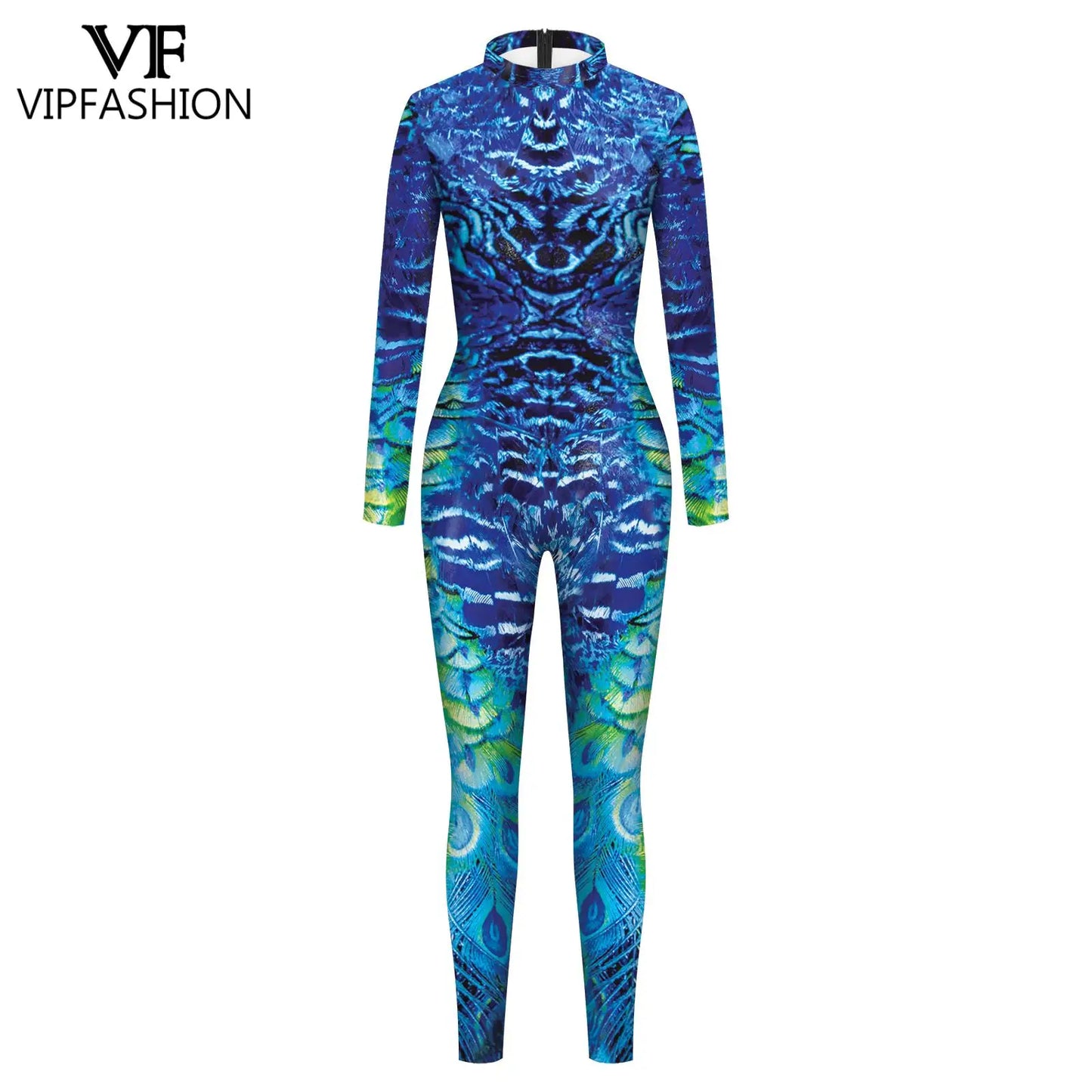 Peacock Feather Print Long Sleeve Elastic Jumpsuit for Women