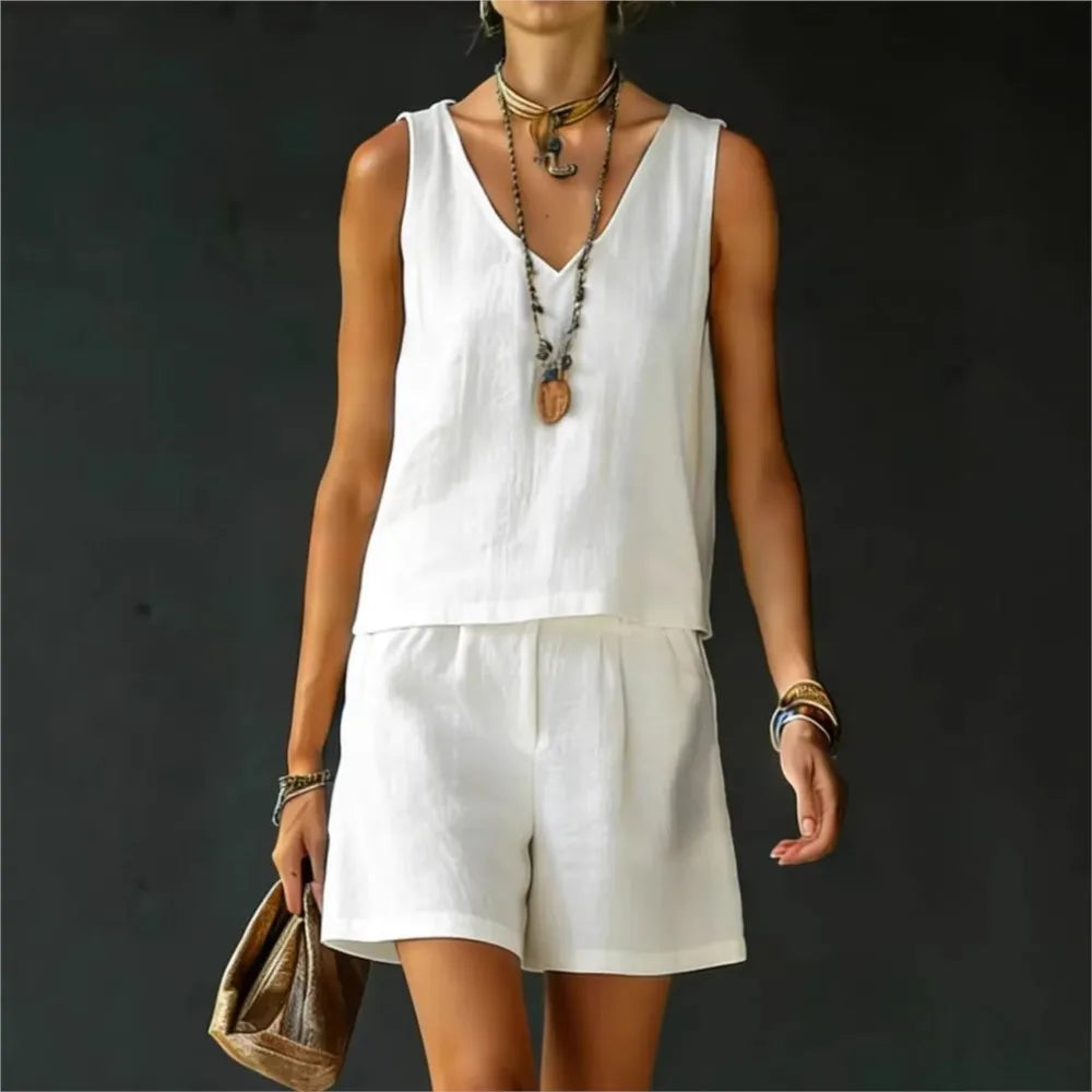 Cotton Linen Summer Casual Vest and Shorts Set for Women