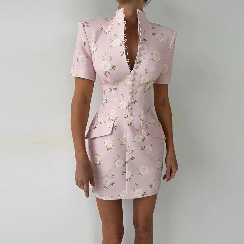 Elegant Printed Short Sleeve Stand Collar Dress for Women