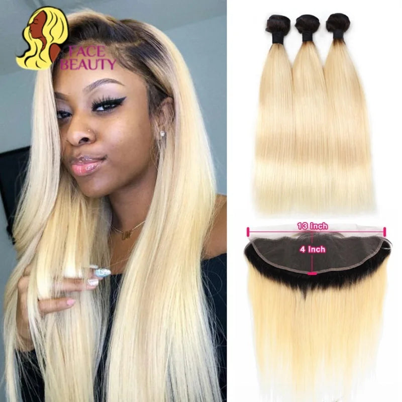 Dark Root Blonde Ombre Straight Hair Bundles With Lace Frontal For Women