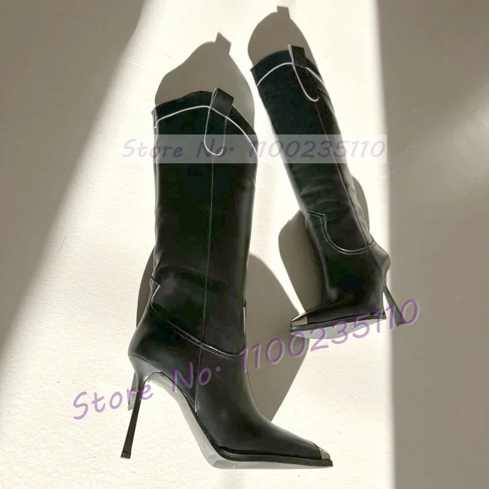 Brown Metal Pointed Toe Knee High Boots Women Stylish Thin High Heels Dress Shoes Ladies V-shaped Hollow Upper Cool Tall Boots