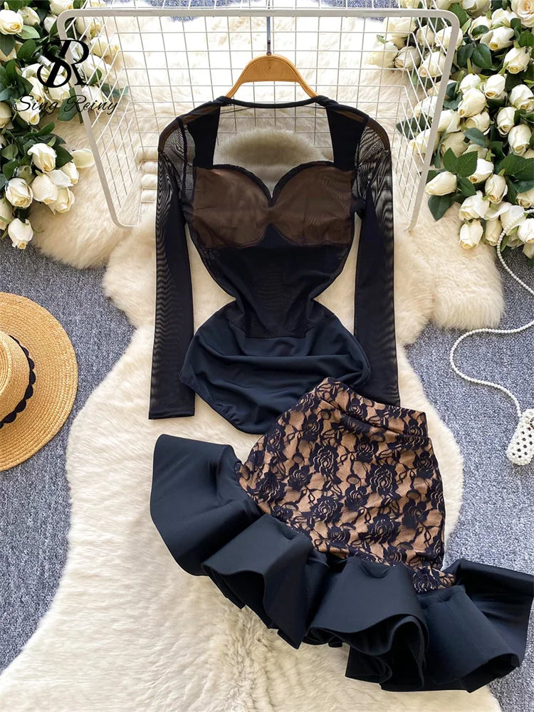 Floral Lace Mesh Bodysuit and Ruffle Mini Skirt Set for Women