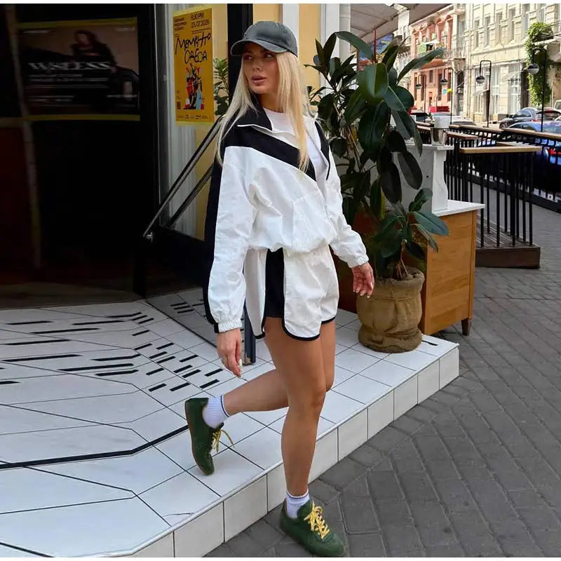 Color Block Zip Up Tracksuit With High Waist Shorts For Women