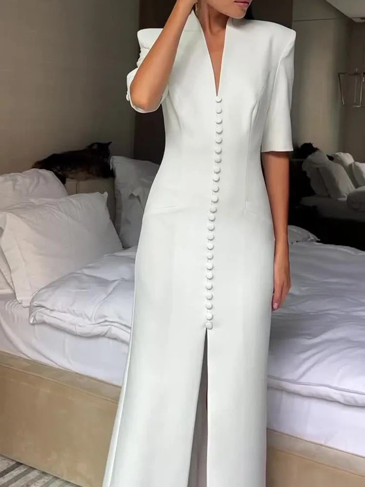 New Fashion Evening Gowns White Elegant Skinny Split Dress Woman Stand Collar Short Sleeve Single Breasted Shoulder Pad Vestidos