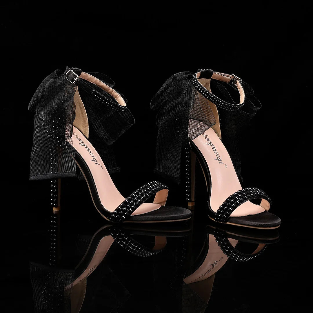 Elegant Pearl Beaded Mesh Bowknot Sandals for Women