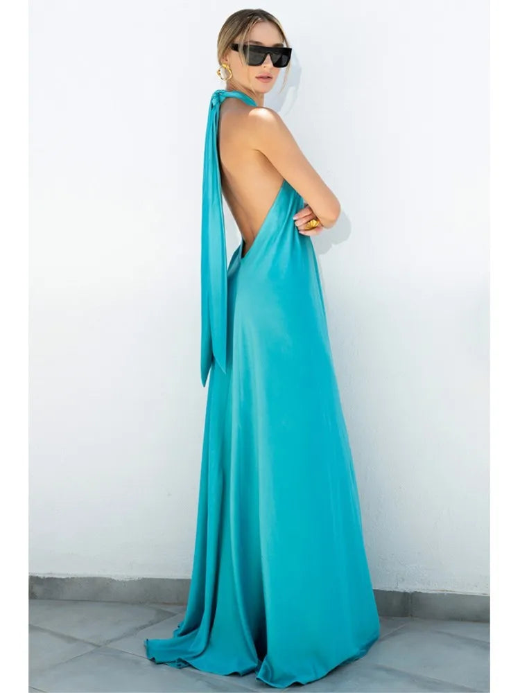 Backless Halter Neck Satin Evening Dress for Women