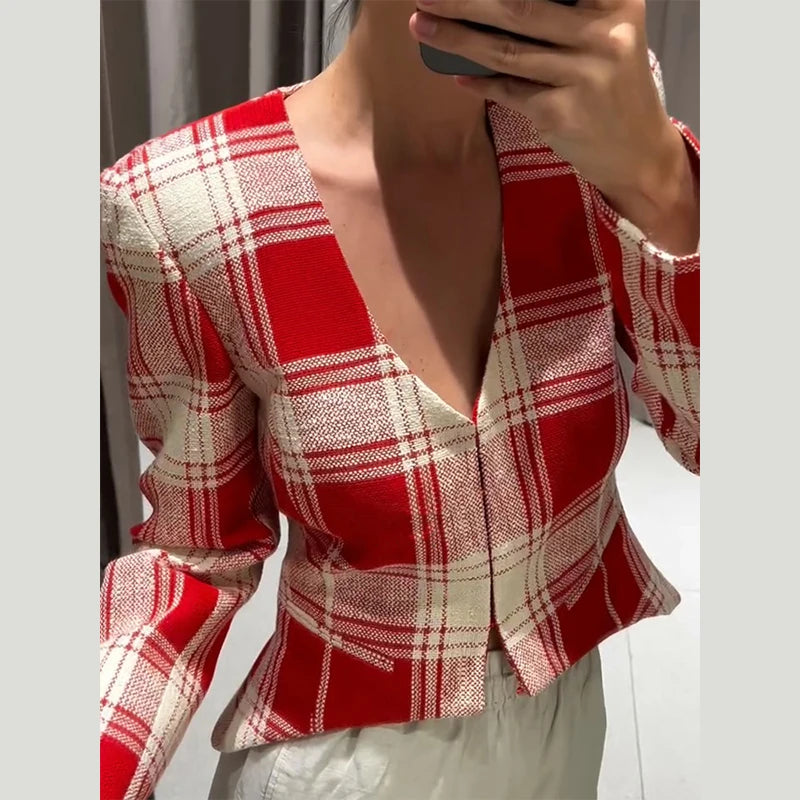 Elegant Plaid Long Sleeve V-Neck Single Breasted Jacket for Women