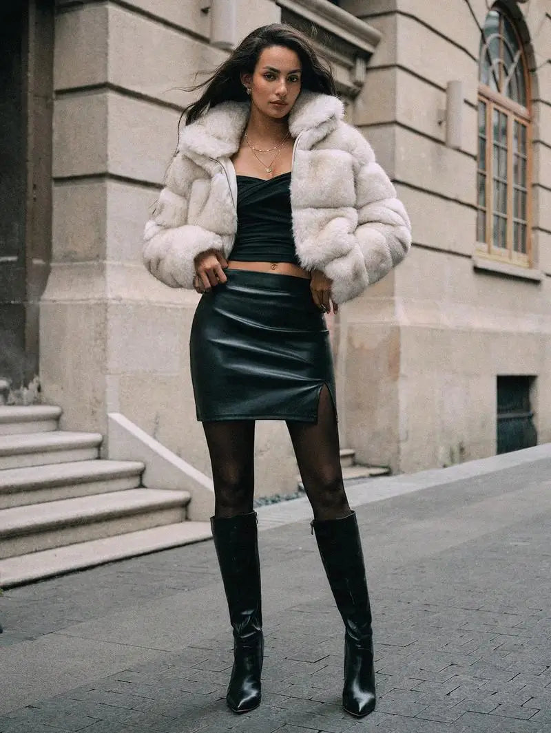 Women Faux Fox Fur Coats Short Jackets Zipper Coat Turn Down Collar Punk Loose Y2k Thick Outwear Jacket Casual 2025 Winter