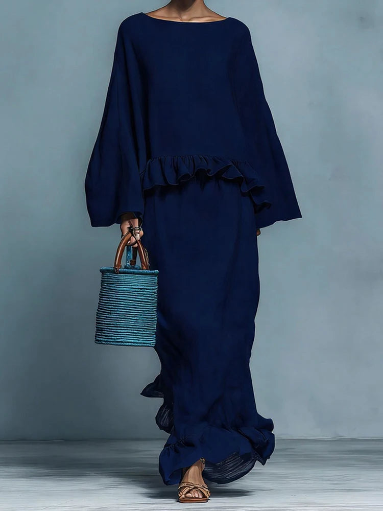 O Neck Long Sleeve Two Piece Maxi Skirt Set for Women