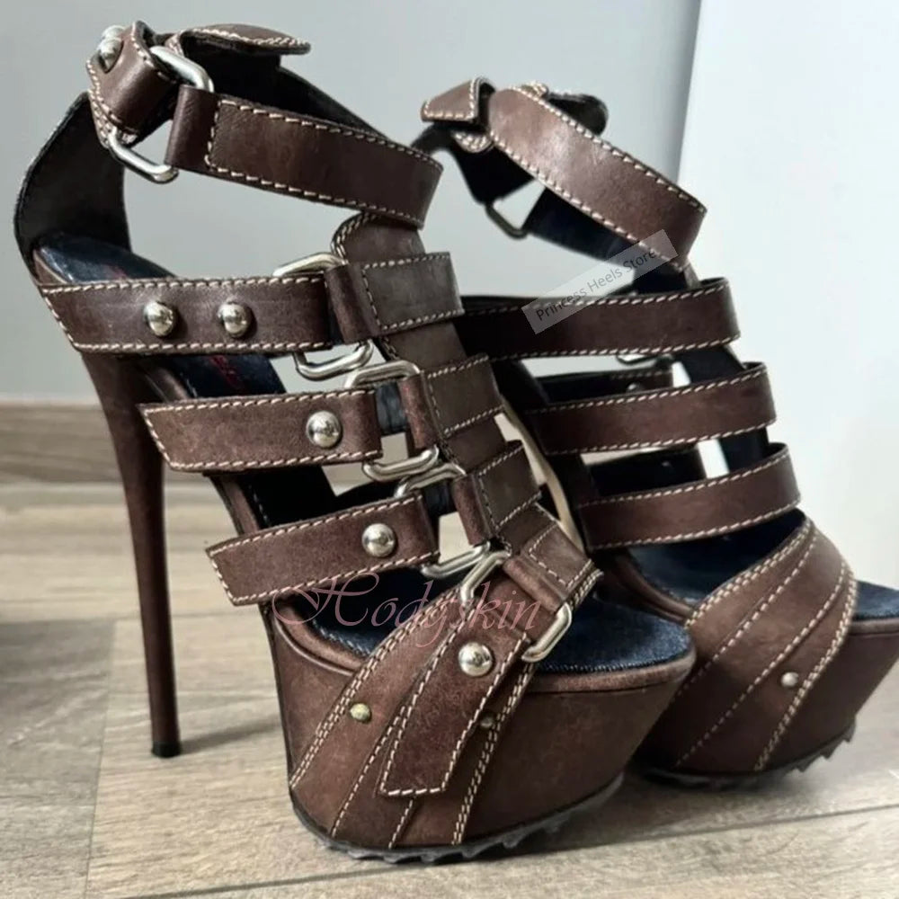 Leather Upper Buckle Strap Platform Stiletto Sandals for Women
