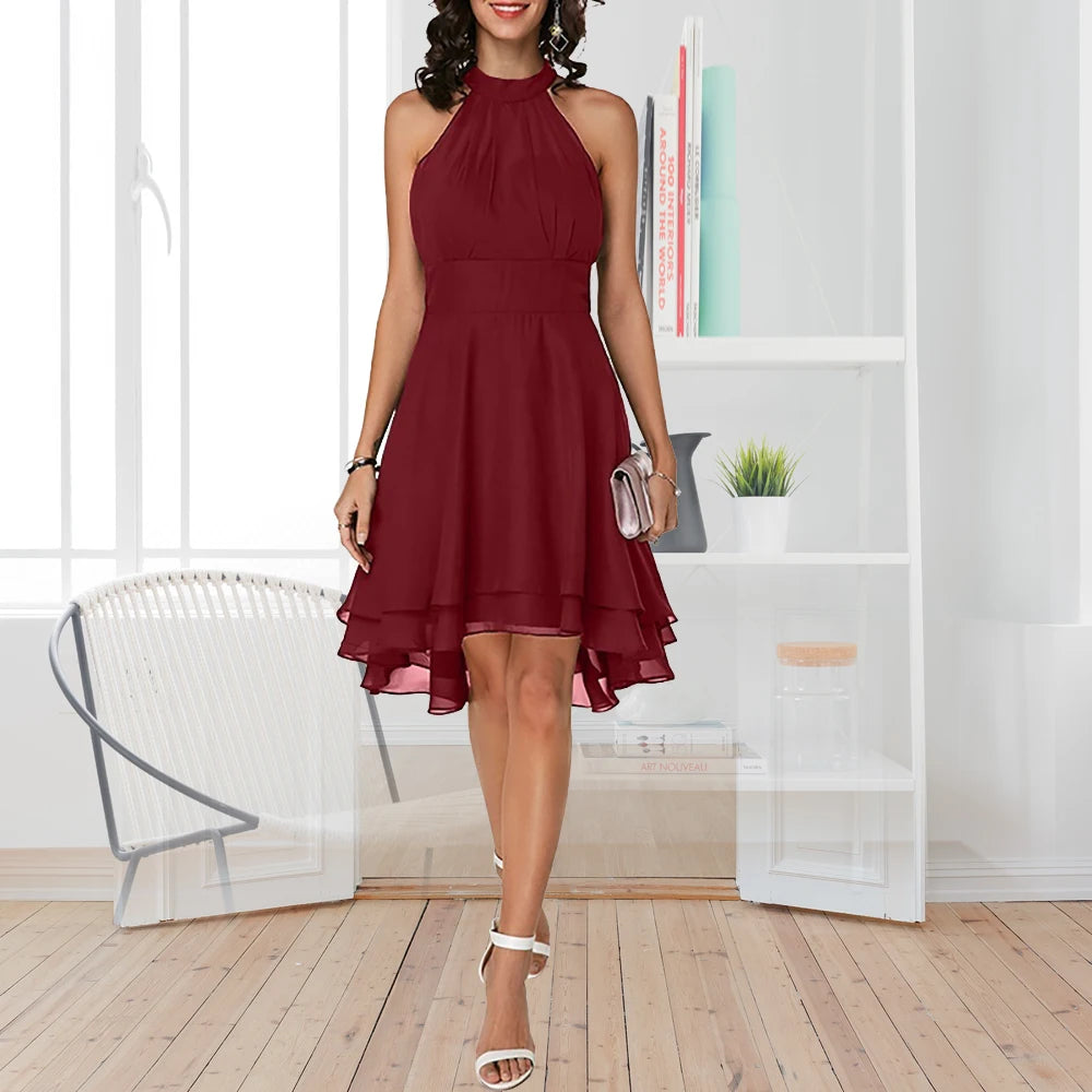 Elegant Sleeveless Halter Neck Chiffon Midi Dress for Women