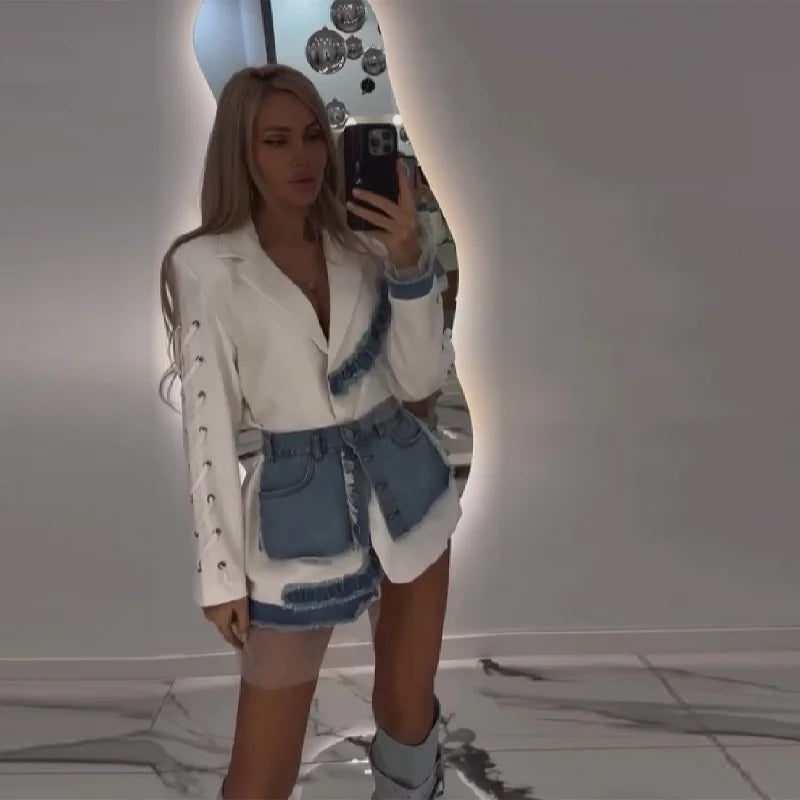 Stylish Patchwork Denim Mini Dresses Lace Deep V-neck Jacket Sexy Irregular Casual-chic Sexy Edgy Top Designers Streetwear