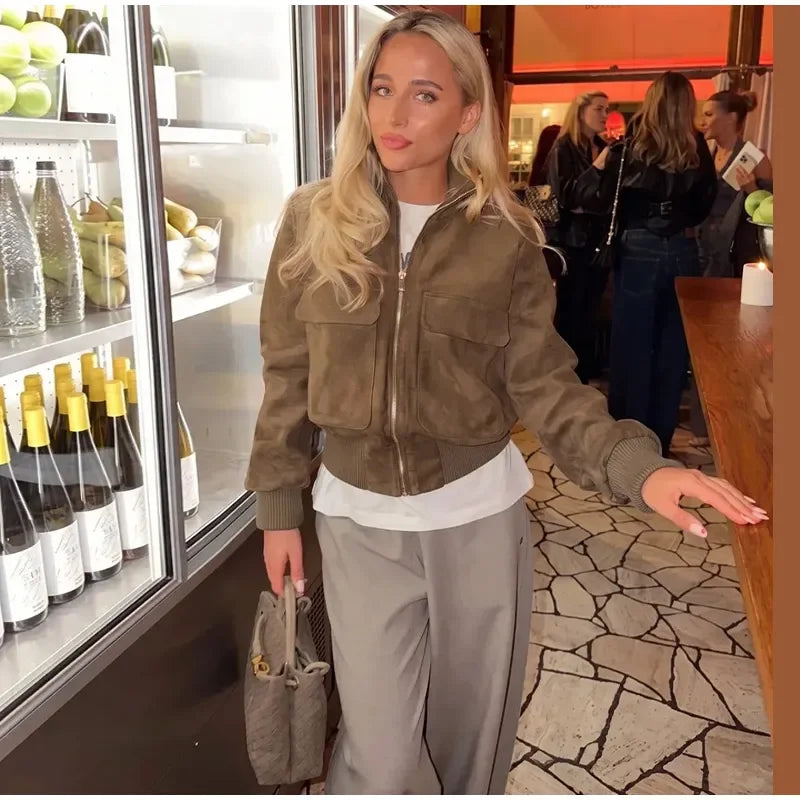Vintage Suede Long Sleeve Jacket with Pockets for Women