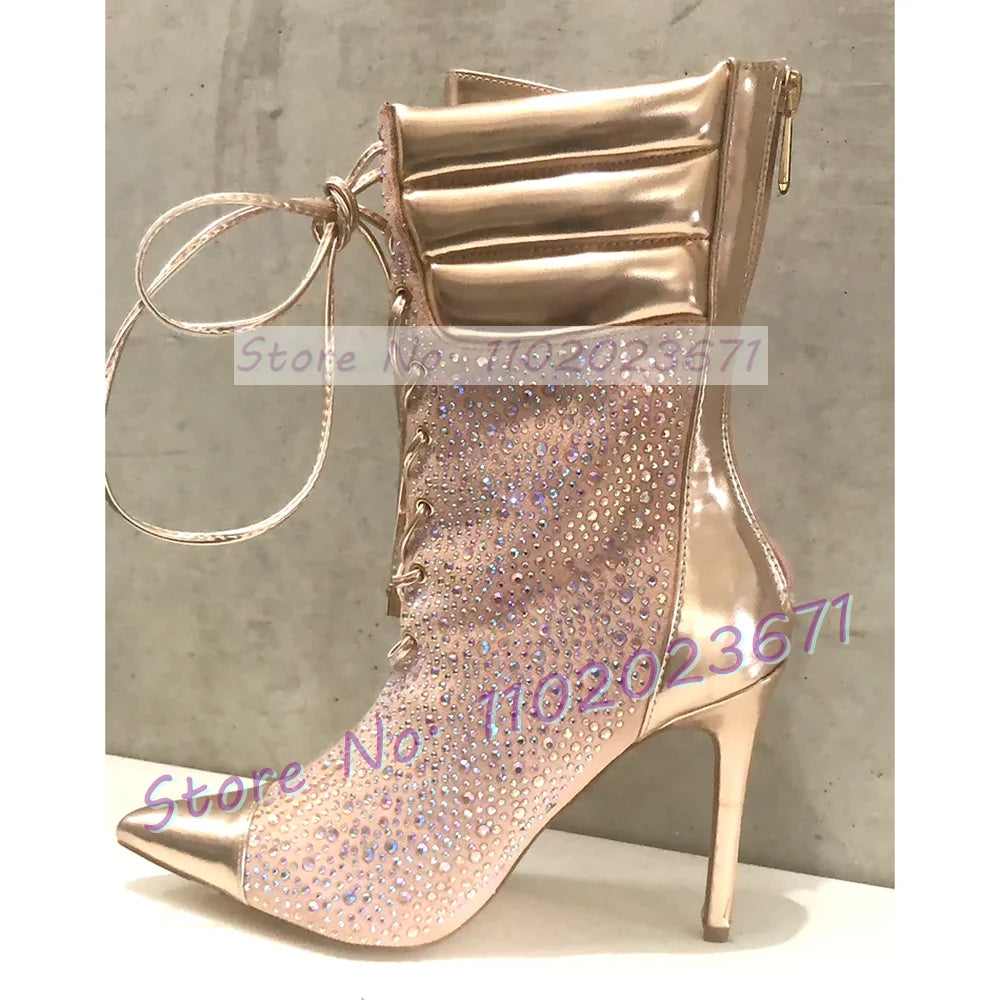 Crystal Paneled Patent Ankle Boots Women Fashion Cross Tied Pointy Toe High Heels Shoe Sexy Ladies Chocolate Brow Back-zip Boots