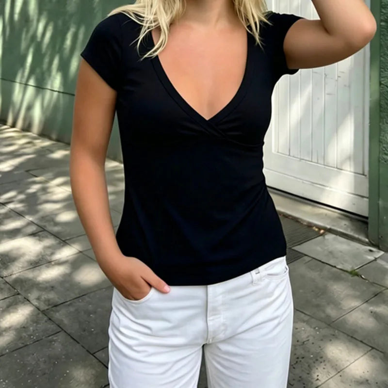 Casual Short Sleeve V Neck Solid Color Crop Top for Women