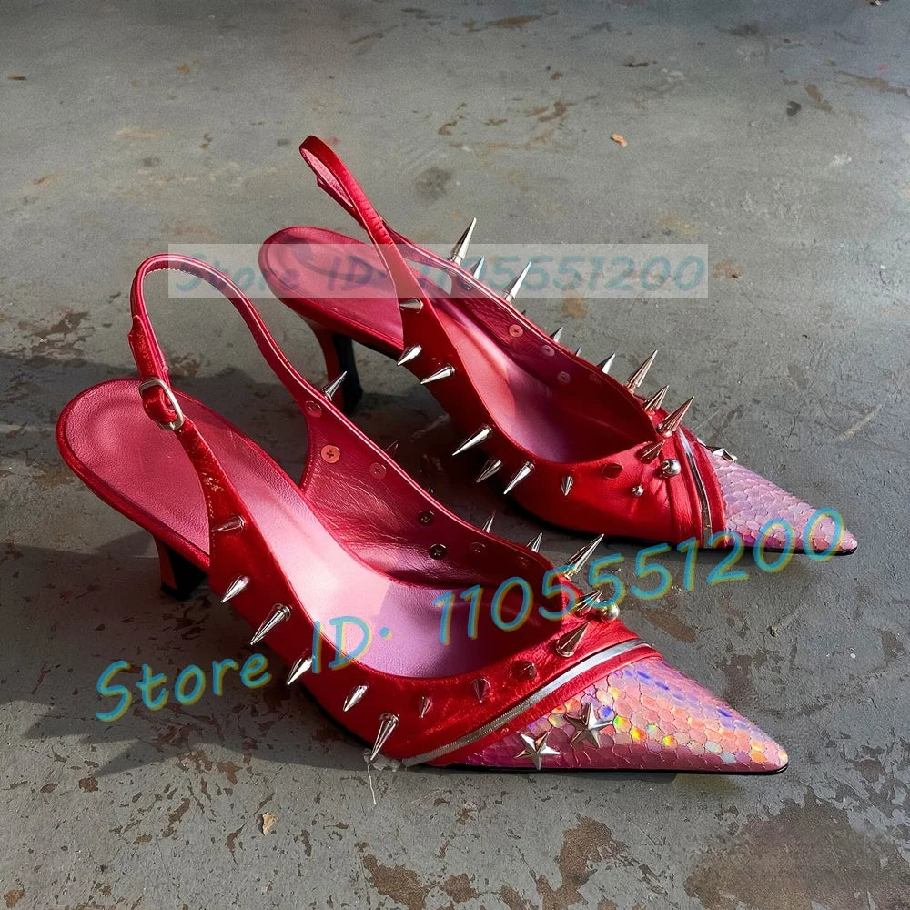 Colorful Fish Print Pointed Red Patent Leather Sandals for Women