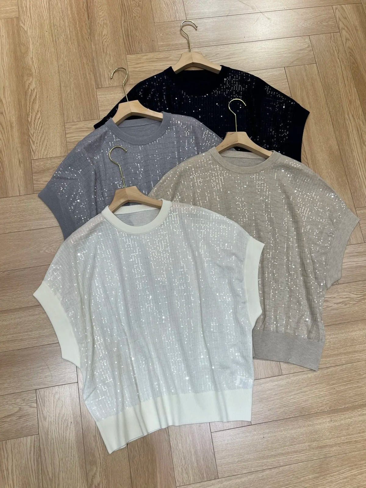 Loose Fit Sparkling Sequin Summer Knit Polo Top for Women
