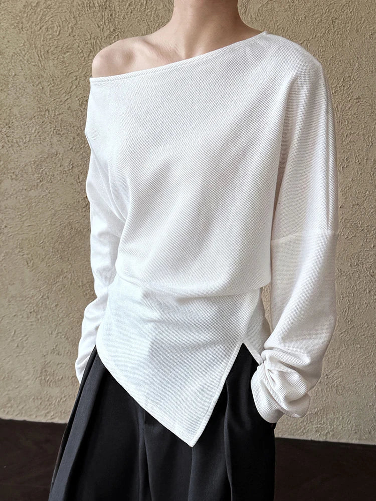 Black Pleated Asymmetrical Collar Sweatshirt for Women