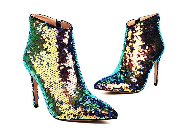 Sequined Pointed Toe Ankle Boots with Stiletto Heels for Women