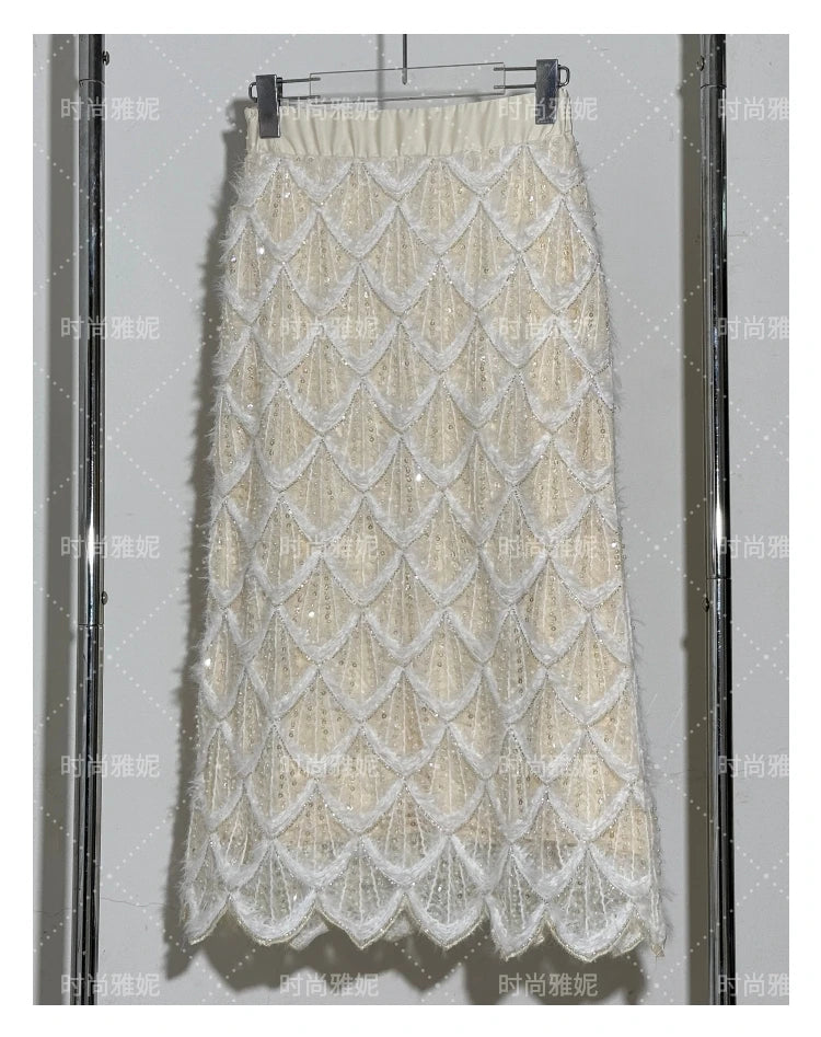 High-end Fashion Beaded Sequined Skirt Set 2025 Spring New Long-sleeved T-shirt Top High Waist Slim-fit Hip Skirt 2-piece Set
