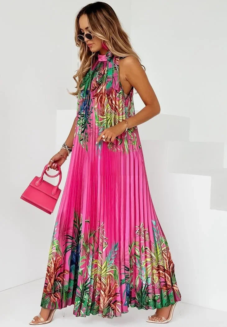 Wmstar Women Dress Lady Casual Loose Halter Pleated Maxi Fashion Leaf Print Sleeveless Beach Boho Elegant Halter Long Dresses