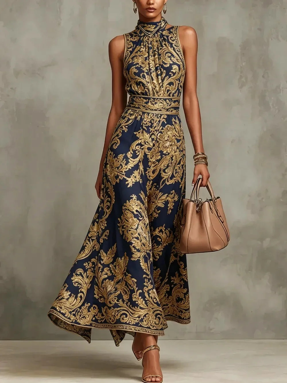 Elegant Baroque Print Halter Neck Maxi Dress for Women