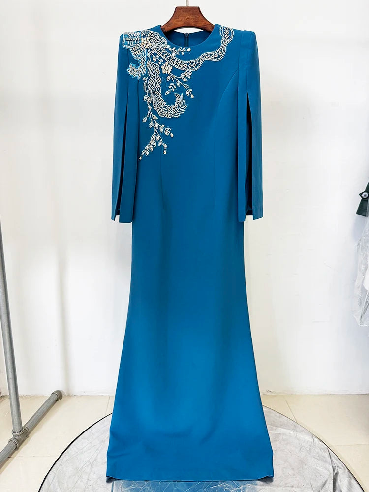 HIGH STREET Newest Fashion 2026 Designer Party Vestido Women's Slit Sleeve Diamonds Beaded Maxi Long Dress