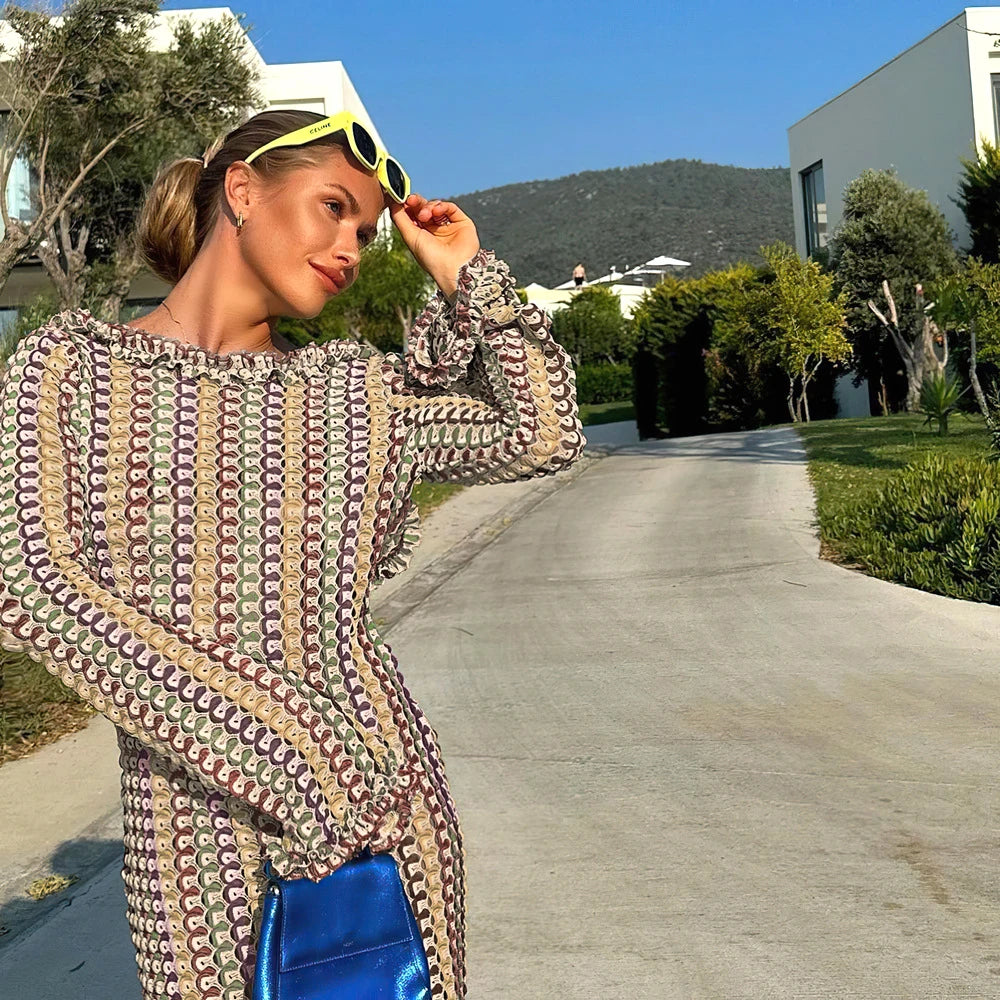 Sexy Backless Flare Sleeve Lace Knit Cut Out Party Beach Maxi Dress 2025 Summer Women Vacation Beachwear Swimsuit Cover Up A2815