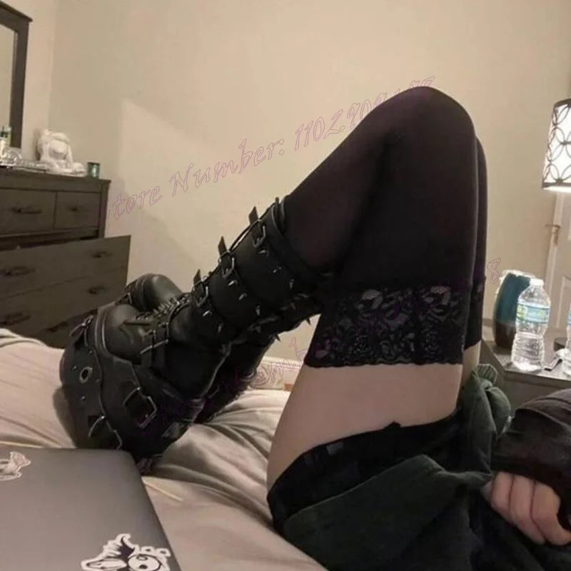 Black Wedges Heels Strappy Rivet Boots Platform Mid Calf Shoes for Women Round Toe Punk Style Shoes 2025 Zapatos Para Mujere