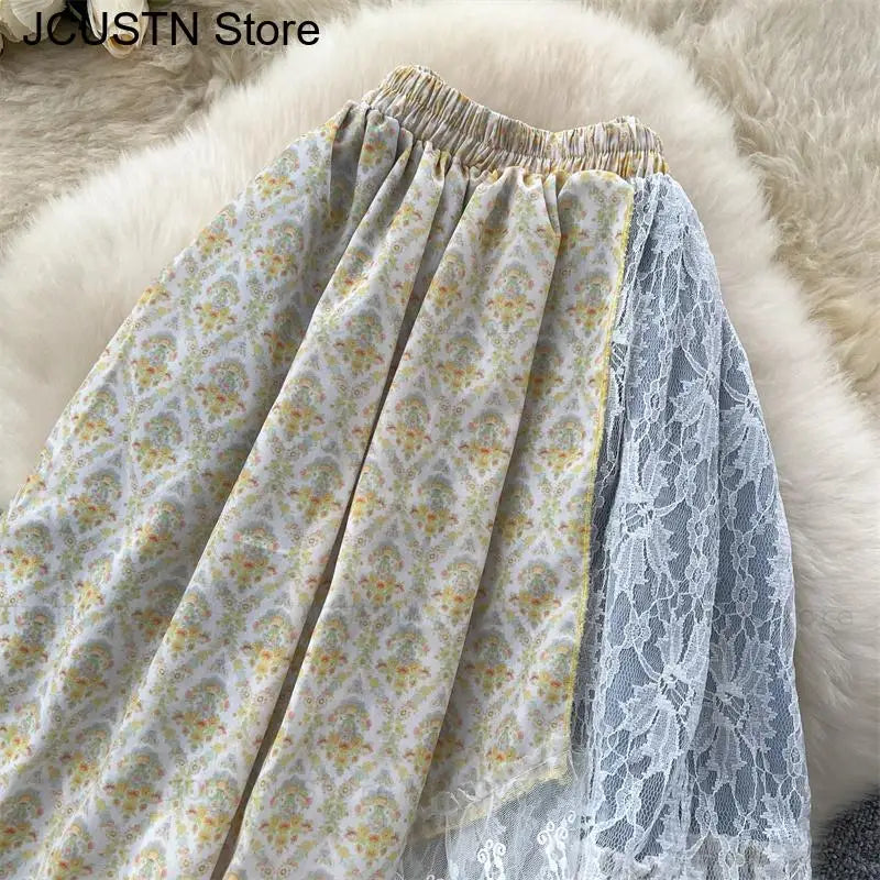 High-Waist Patchwork Lace-Up Skirt