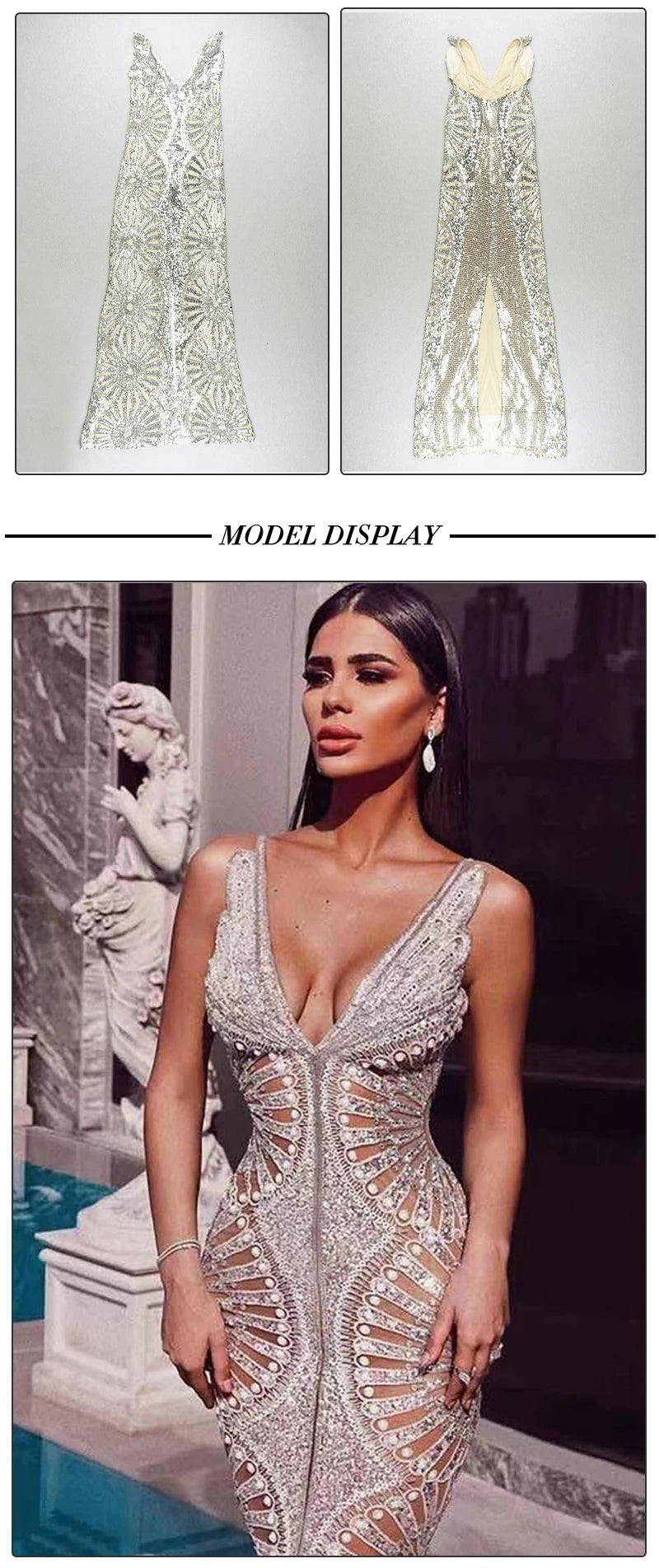 Sequined Ruffle Maxi Slip Dress with V Neck for Women