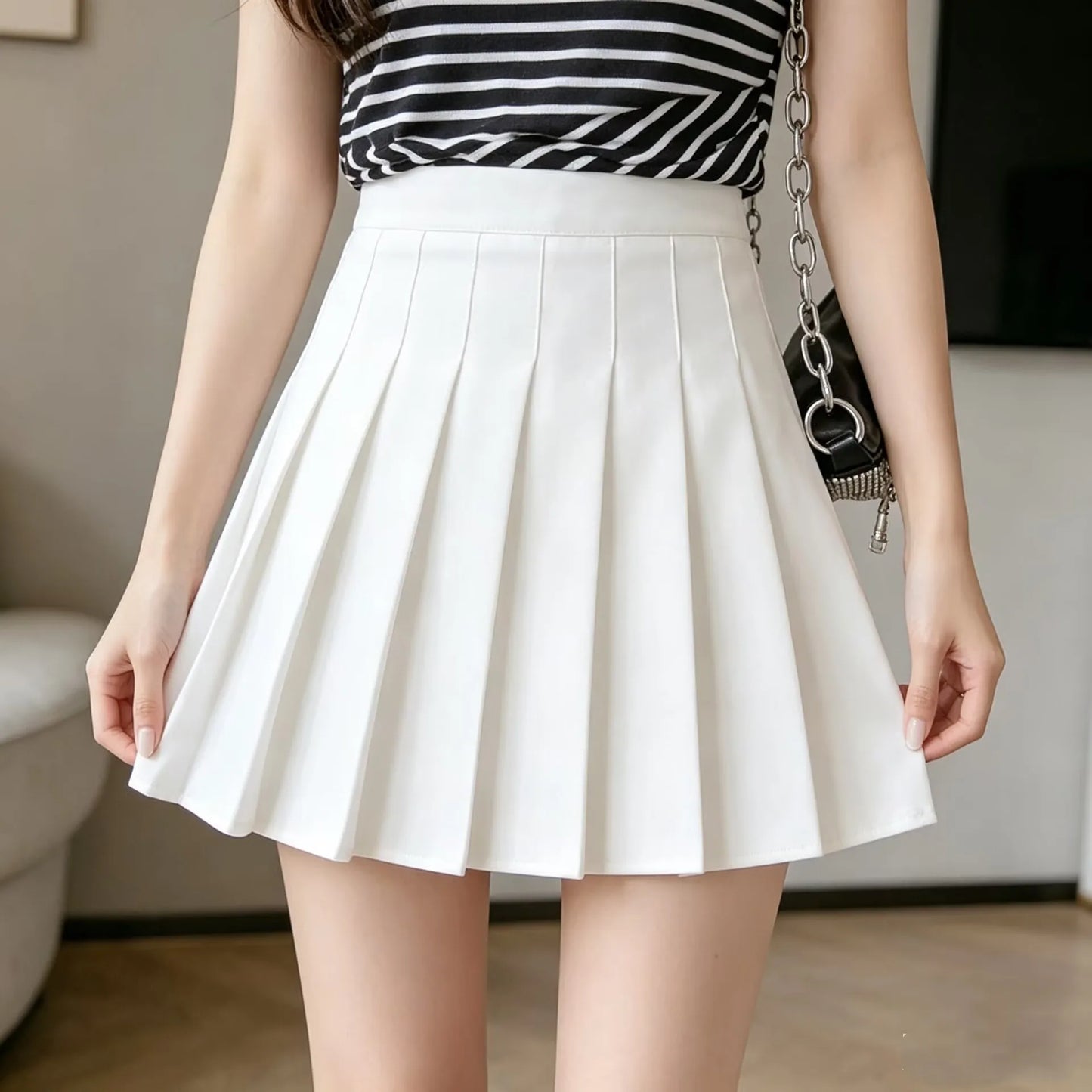 White High Waist Pleated Mini Skirt With Built In Shorts For Women