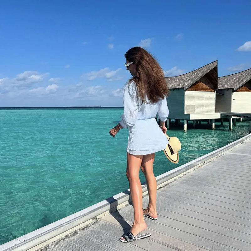 Casual Tie Up Mini Skirt Outfit 2025 Summer New Seaside Beach Sunscreen Suit Holiday Long Sleeve Single Breasted Shirt Women Set