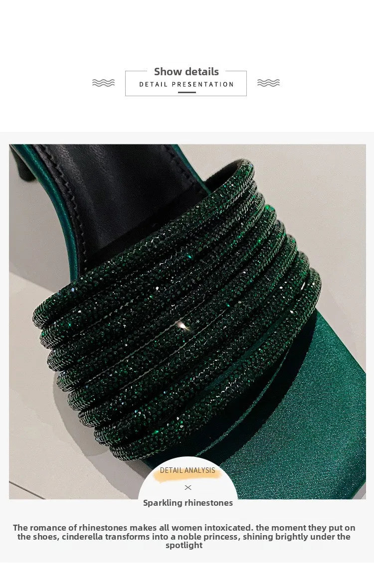 Dark Green Satin Rhinestone Square Toe Slide Sandals for Women