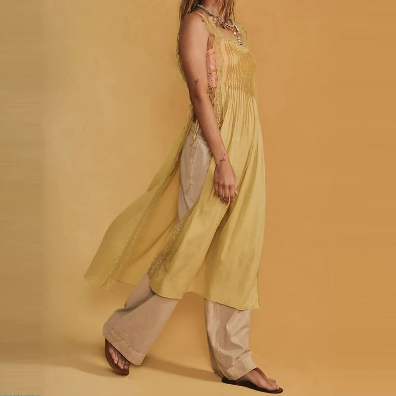 Lace Side Split Beach Pleated Solid Color Maxi Dress for Women