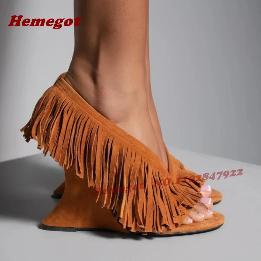 Fringe Tassel Slingback Open Toe Wedge Sandals for Women