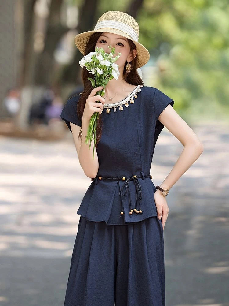 Women's Summer Wide Leg Pants Set 2026 New Arrival Elegant High End 2 Piece Outfit for Casual Chic Look Trending Fashion