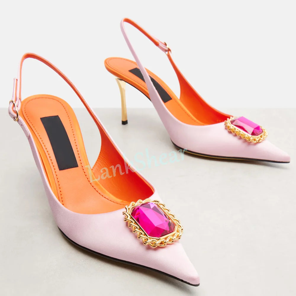 Crystal Embellished Pointed Toe Satin Sandals for Women