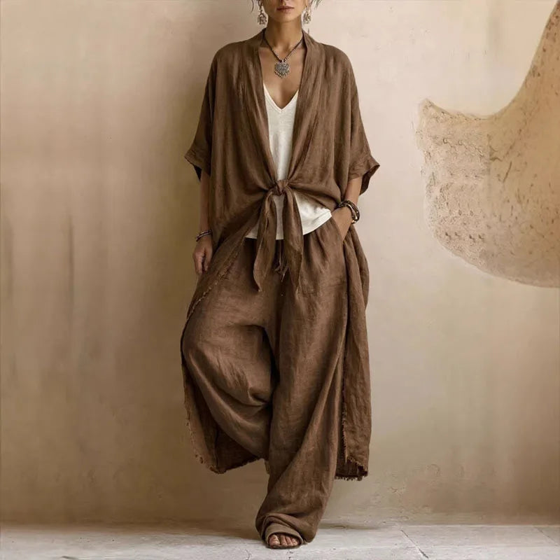 Bohemian Tie Dye Kimono Jacket and Wide Leg Pants Set for Women