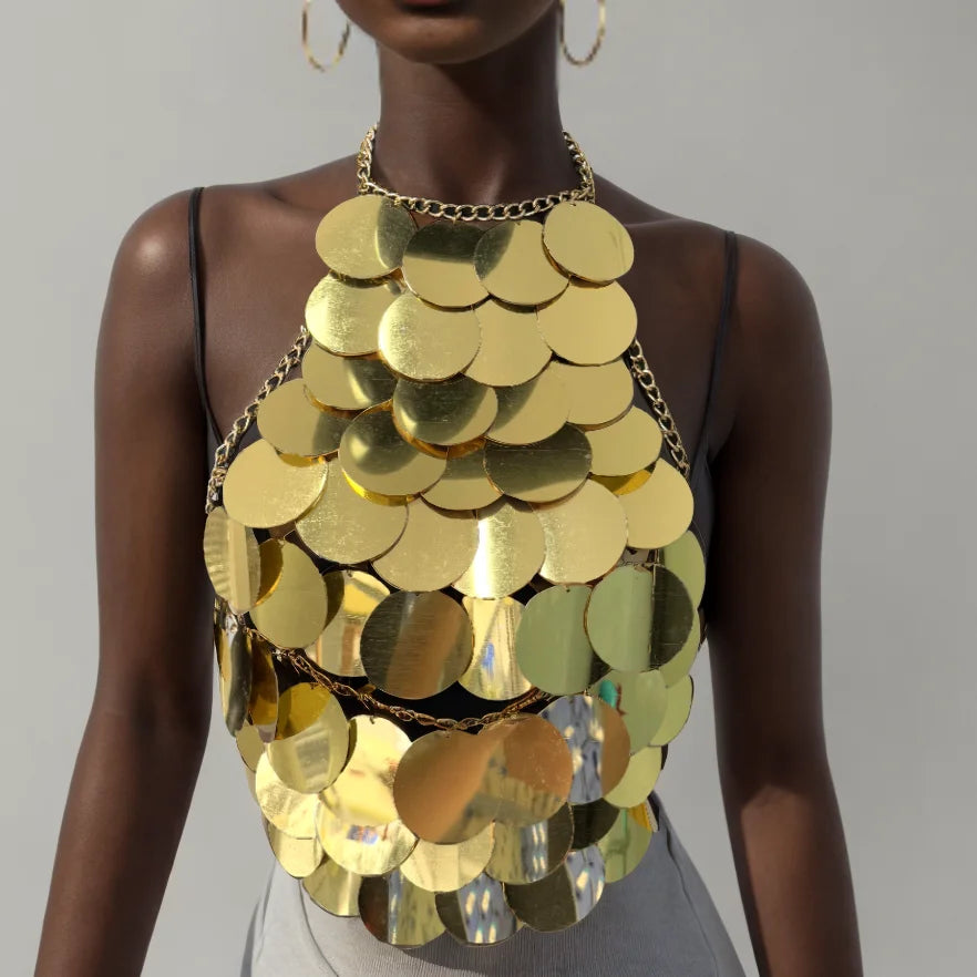 Shimmering Sequin Halter Tassel Crop Top for Women