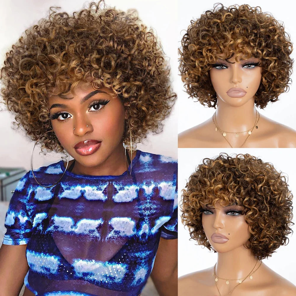Short Kinky Curly Wig With Bangs And Mixed Highlights For Women