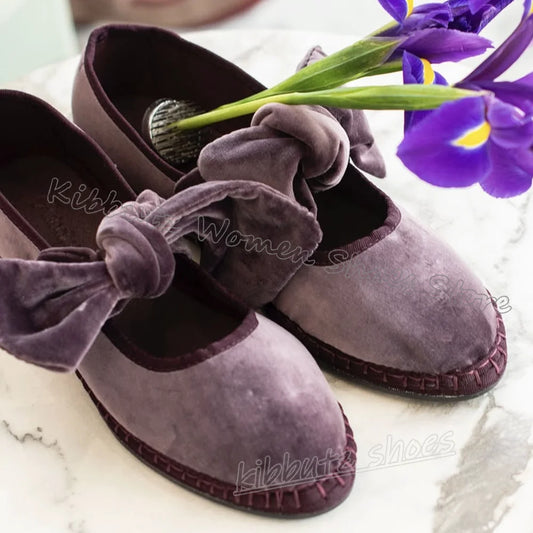 Velvet Bows Pumps Knots Solid Color Slip-On Round Toe Flat with Novelty Fashion Luxury Elegant Comfortable Sexy Women Shoes New