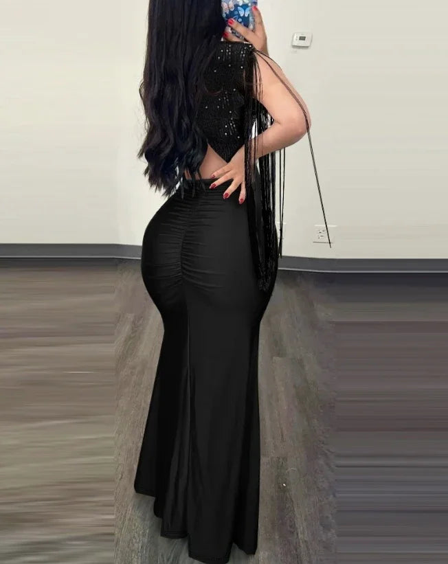 Evening Dresses Women Clothes Fashion Rhinestone Cold Shoulder Slit Ruched Party Elegant Long Bodycon Dress Summer 2024 New