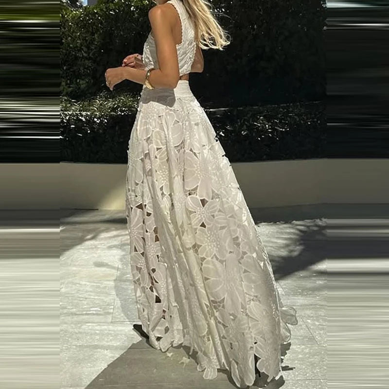 Fashion O-neck Sleeveless Top with Long Skirt Suit Sexy Exposed Navel Holiday Outfit 2025 Lace Hollow Loose Women's 2 Piece Set