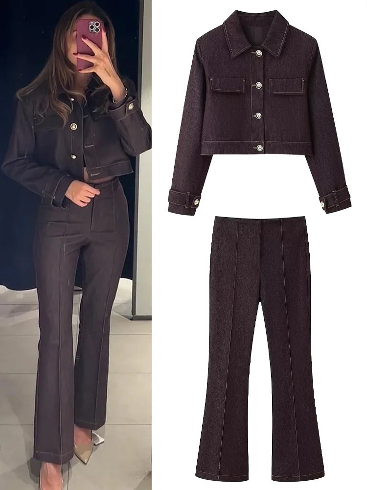 Lapel Jacket and Bell Bottom Pants Two Piece Set for Women
