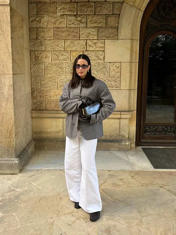 Elegant Chinese Style Single Button Long Sleeve Coat for Women