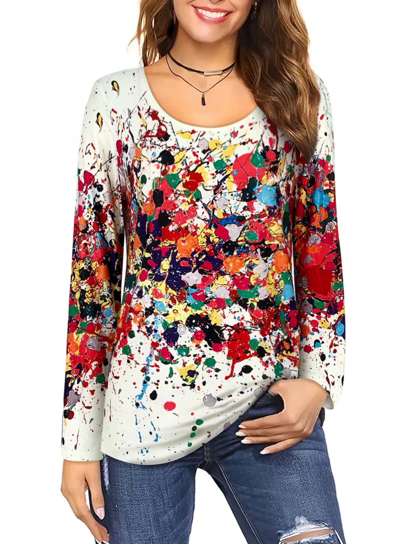 Women's Splatter Print Long - Sleeve T - Shirt, Round Neck, Multicolor Design, Great for Everyday & Fashion - forward Looks